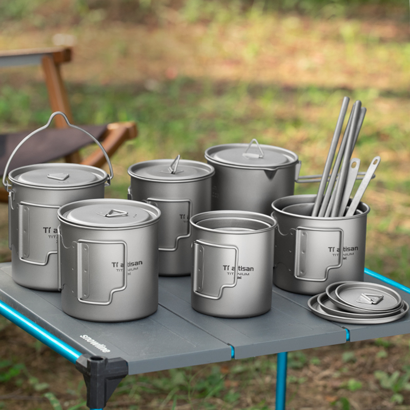 Camping Cooking Set Stainless Steel - Tiartisan Outdoor Titanium Leggero portatile Tazza